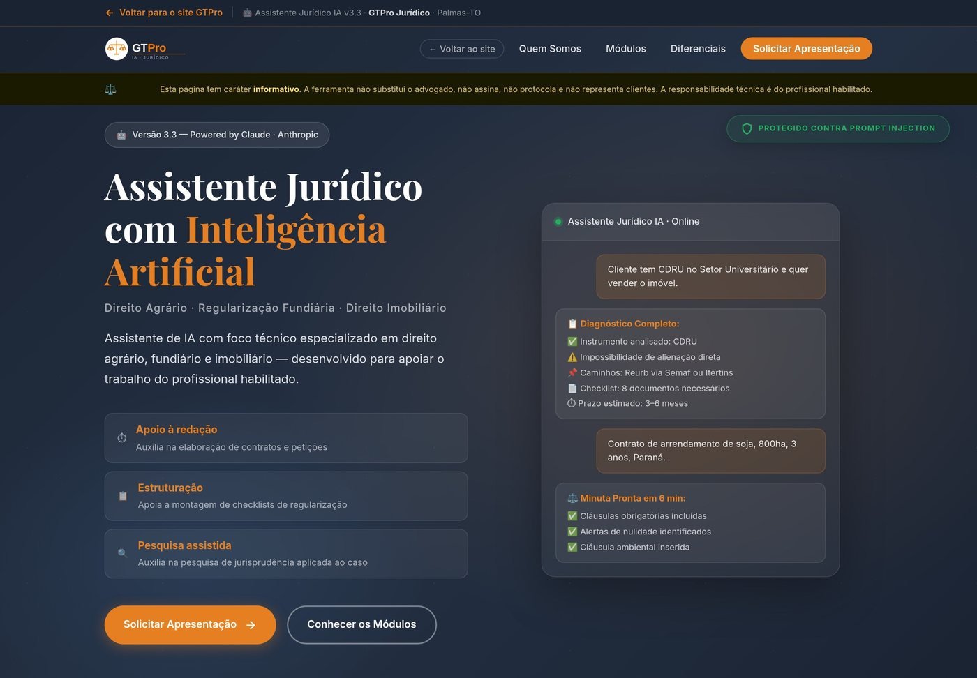 Interface do site GTPro Jurídico apresentando o assistente de inteligência artificial