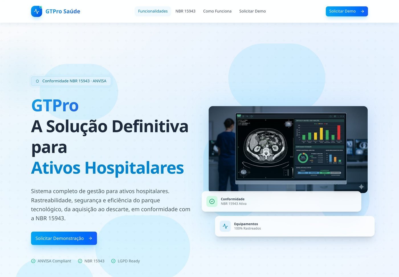 Interface do site GTPro Saúde apresentando a gestão de ativos hospitalares